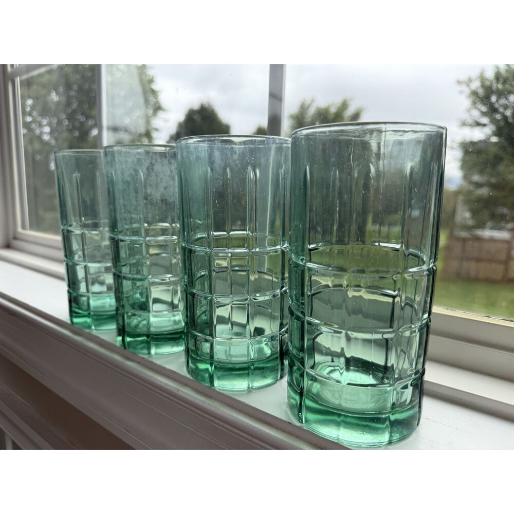 Vintage Anchor Hocking Emerald Green Tartan Plaid Tall 16oz Glass Lot Of 4 Heavy